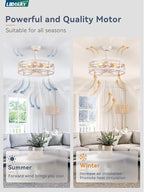 LEDIARY 20 Inch Fandelier Caged Ceiling Fan with Light, Bladeless Ceiling Fan with Remote, Small Farmhouse Fan Lights Ceiling Fixtures for Kitchen, Bedroom-White and Gold