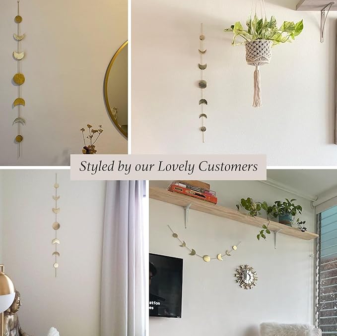 BASE ROOTS Moon Phase Wall Decor, Gold Wall Art for Bedroom, Bohemian and Astrology, Witchy Aesthetic 34" 7 Phases Metal Moon Wall Banner, Celestial Decoration, Gift for Women & Kids