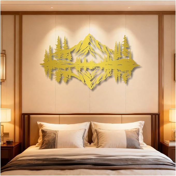 Metal Mountain Wall Art, Pine Trees And Hills Metal Decor, Mountain And Forest Metal Wall Decor, Horizontal Metal Wall Sculpture, Large Nature Wall Art(Gold,19x10in/47x26cm)