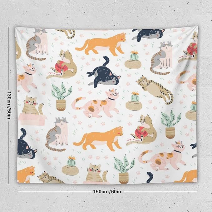 VUMIVI Cute Cat Tapestry Kids Hand-Painted Doodles Colorful Illustrations Potted Plants Paw Prints Tapestry Wall Hanging for Living Room Bedroom Dorm Classroom Aesthetic Decor W60xL50in