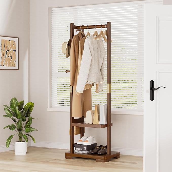 Solid Wood Clothes Rack Coat Rack with 2 Shelves & 4 Hooks for Hanging Clothes Garment Wallets Hats, Clothing Rack Coat Rack Freestanding Hall Tree with Storage for Hallway Bedroom Living Room