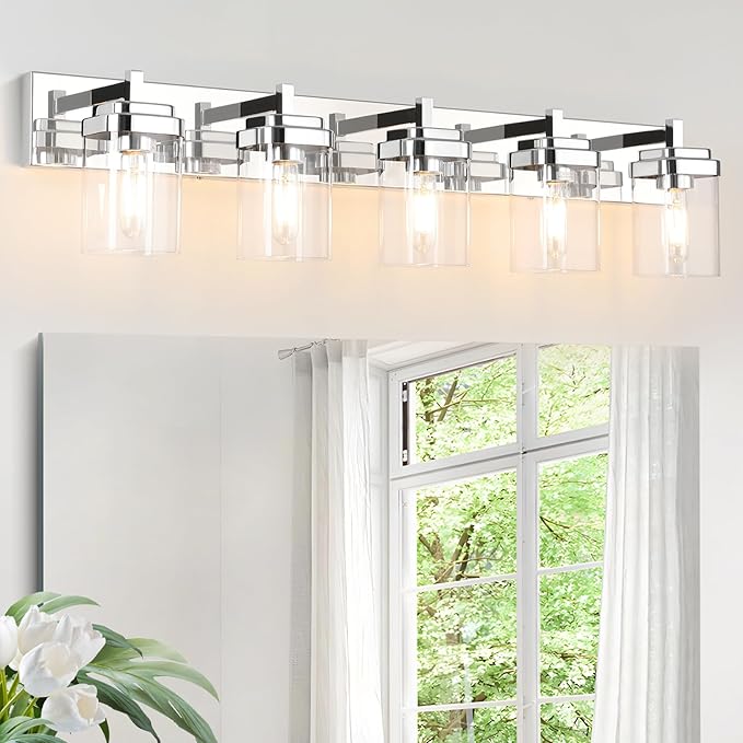 Vanity Light Fixture,5-Light Vanity Light for Bathroom,Chrome Bathroom Vanity Lighting Over Mirror with Square Clear Glass Shade for Restroom