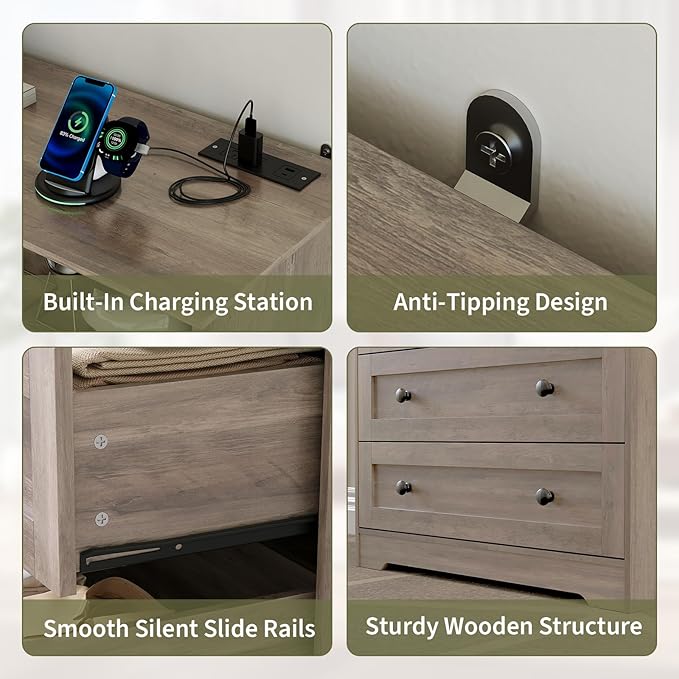 GarveeLife Small Dresser with 3 Drawers, Wood Dresser with Charging Station and LED Lights for Bedroom Closet Bedside, Modern Wooden Chest of Drawers for Living Room, Hallway, Grey