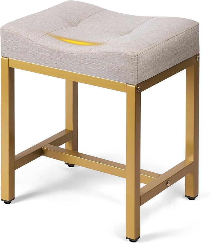 Saddle Seat Vanity Stool, Makeup Stool Chair with Metal Leg, U-Shaped Ottoman Foot Rest, Small Square Chairs Under Desk for Vanity, Living Room, Modern Makeup Bench Linen Light Brown&Gold