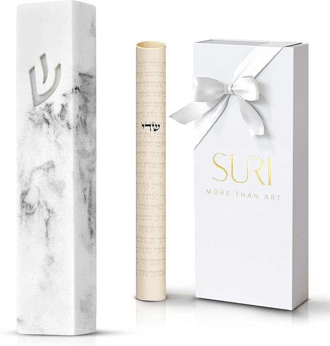 SURI Concrete Mezuzah for Door - Self-Stick Modern Mezuza Case with Non Kosher Scroll & Gift Box | Marble White, 4 inch & 5 inch Mezuzahs with Scroll for Door | Judaica Gift