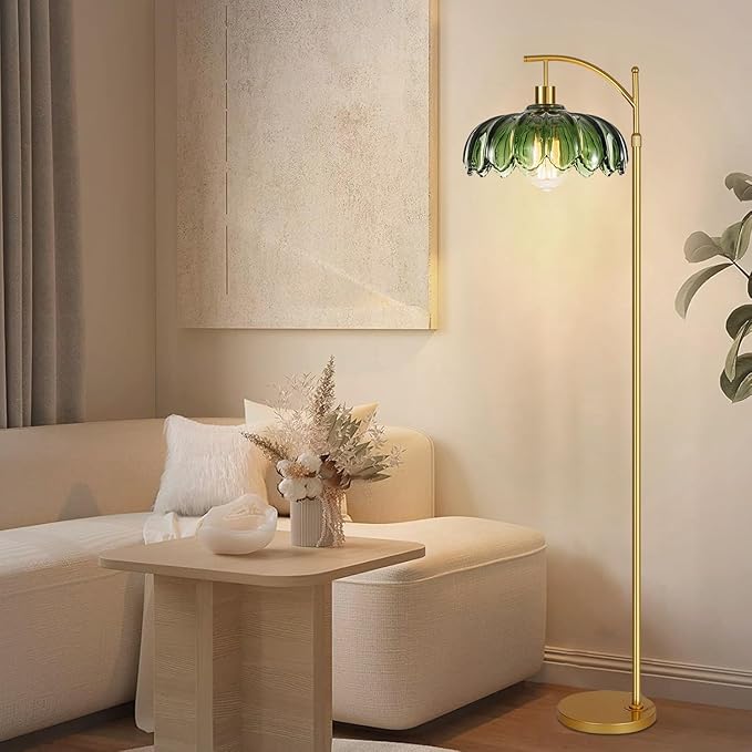 Glass Floor Lamp for Living Room,Bedroom,Gold Dimmable Standing Lamp with Remote,Mid Century Modern Brass Tall Lamp Boho Vintage Retro Floor Lamps Arc Green Flower Floor Light Lamp Bohemian
