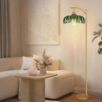 Glass Floor Lamp for Living Room,Bedroom,Gold Dimmable Standing Lamp with Remote,Mid Century Modern Brass Tall Lamp Boho Vintage Retro Floor Lamps Arc Green Flower Floor Light Lamp Bohemian