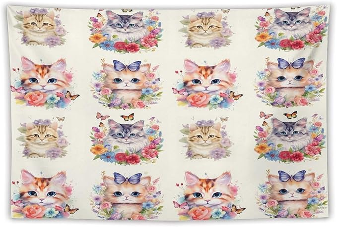 VUMIVI Watercolor Flower Cat Tapestry Colorful Cartoon Cute Animals Butterflies Abstract Art Print Tapestry Wall Hanging for Living Room Bedroom Dorm Classroom Aesthetic Decor W90xL60in