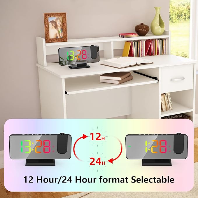 Projection Alarm Clock for Bedroom Ceiling, 180° Rotatable Projector 7.4” Mirror RGB Digital LED Display 12/24H, 5 Level Brightness Dimmer, Dual Alarm Clock (Black)