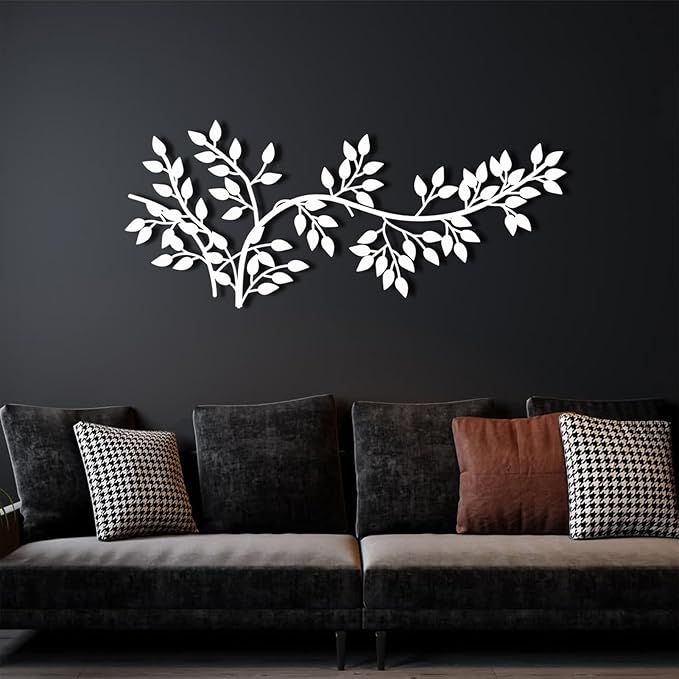 yumcake Metal Tree Leaf Wall Decor, Metal Tree Wall Art, Vine Olive Branch Leaf, Leafy Ivy, Leaves Hanging Wall Art, Branch Wall Decor for Living Room (Black, 30 x 13 inches / 76 x 32 cm)