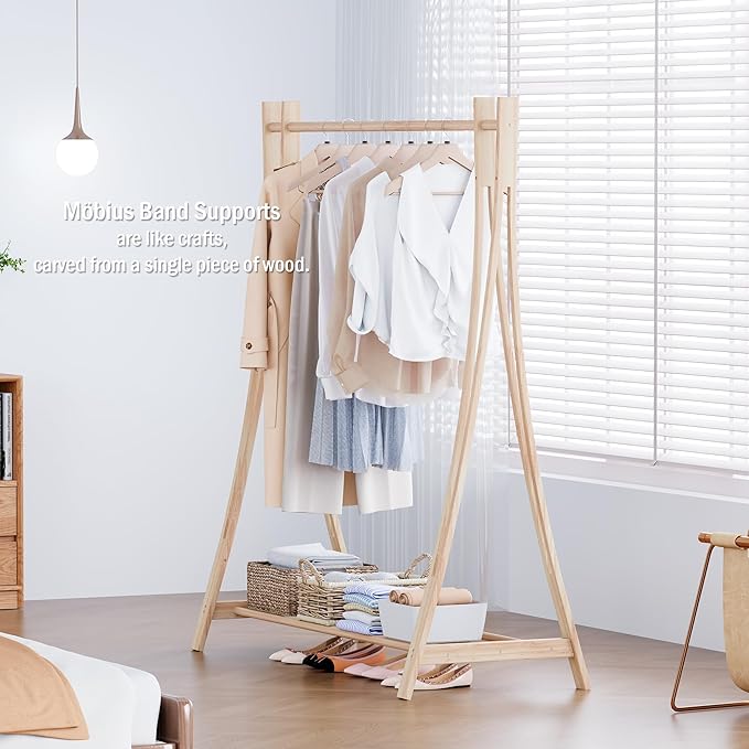Wooden Retail Display Hanging Clothes Rack with Storage Shelf, 52" W x 57" H Freestanding Heavy Duty Clothing Drying Garment Rack for Hanging Clothes, Coat, Dress, Shirt, Hat
