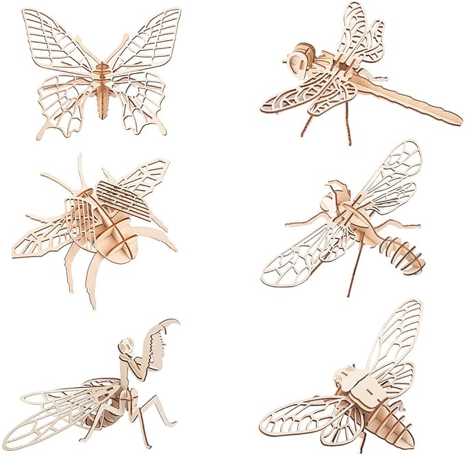 3D Wooden Insect Puzzle - 6 Piece Set Insect Animal Skeleton Assembly Model Puzzle - DIY Wooden Crafts 3D Puzzle - Wood Toys Gifts for Adults & Teens Birthday Gifts Christmas