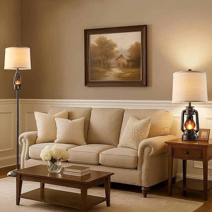 63'' Farmhouse Lantern Floor Lamp for Living Room with 2 Light Sources, Rustic Vintage Resin Tall Standing Lamp with Glass Night Light for Bedroom Office Study Room, Bulb Included (Bronze)