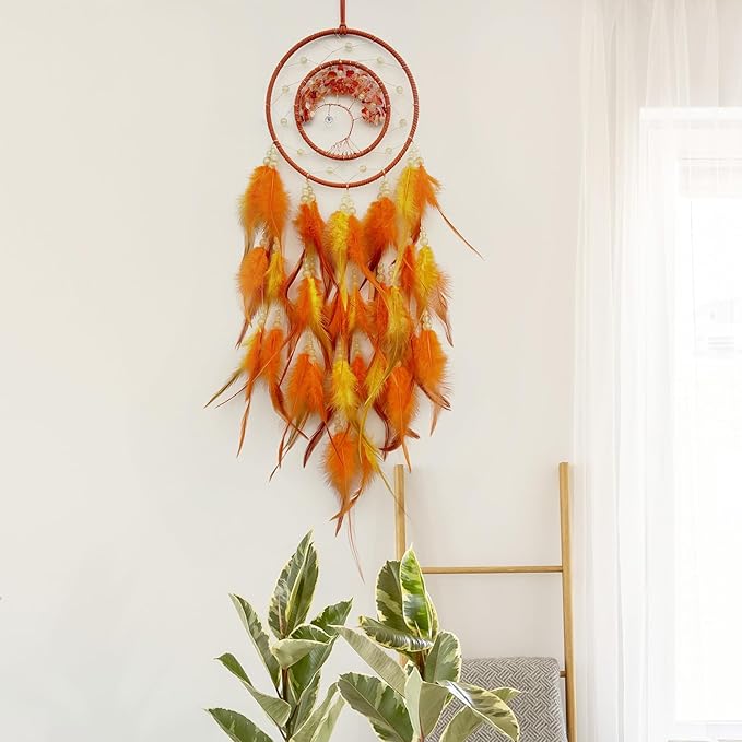 Orange Dream Catcher Wall Decor Crystal Tree of Life Dream Catchers with Luminous Bead Handmade Feather Dreamcatcher Wall Hanging Ornament for Bedroom Living Room Home Decor