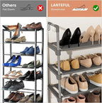 3 Tier Shoe Rack for Closet, Shoe Organizer with 5 Hooks, Long Shoe Shelf Storage for Shoe and Boot Stackable Free Standing Shoe Rack for Entryway, Garage, Small Spaces, Dorm, Grey