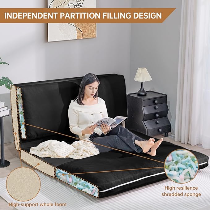 Bean Bag Chairs for Adults,Folding Sofa Bed,Floor Couch Bed, Foam Filling Fold Floor Mattress with Washable Soft Faux Fur Cover, Leisure Floor Couch for Bedroom Living Room(Black, Double)