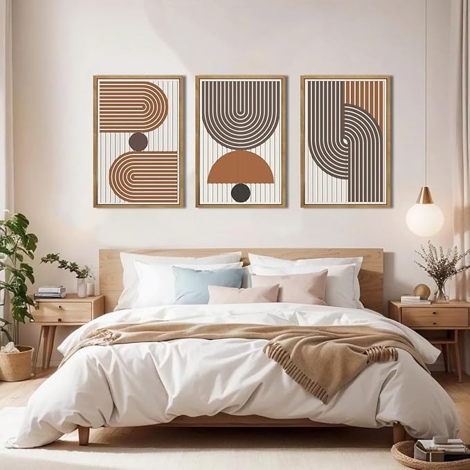 DRACIT Mid Century Boho Modern Wall Art Set Abstract Geometric Wooden Wall Decor Minimalist Line Neutral Artwork Mid Century Wood Art Decor for Living Room Bedroom Office-16x24Inch x3