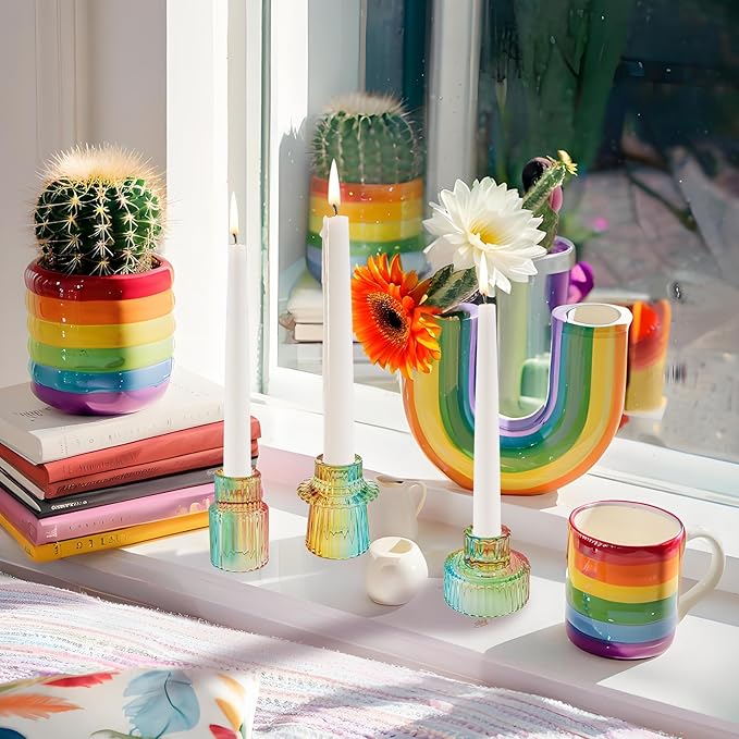 Double Sided Vintage Ribbed Taper Glass Candle Holders,Tea Candle Holder for Table Centerpieces, Wedding Decorations and Dinner Parties (Rainbow, 3 PCS)