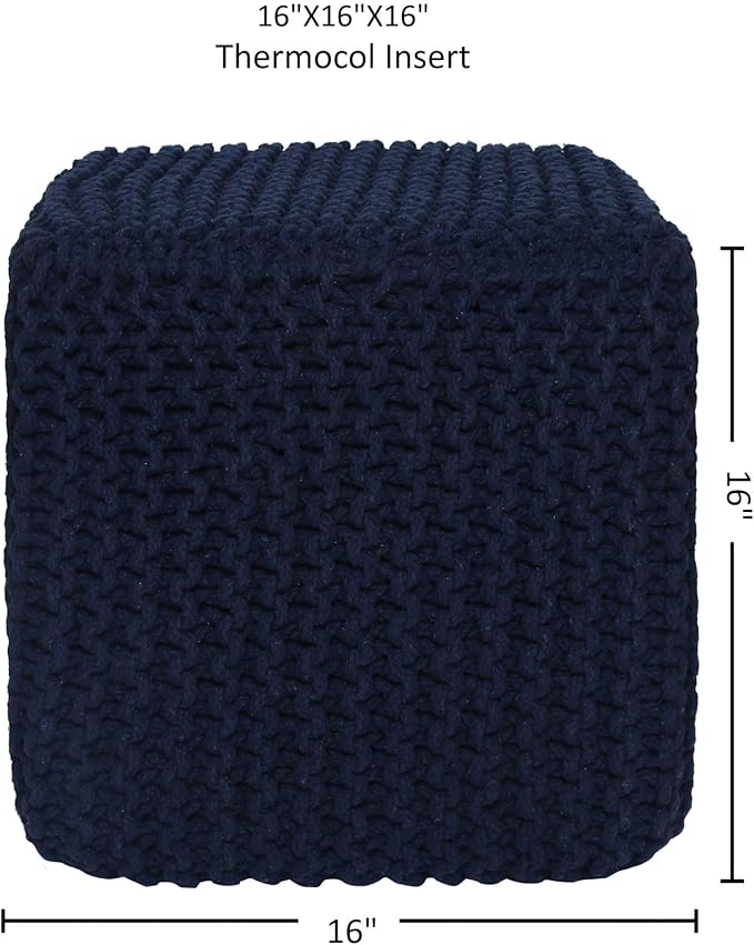 REDEARTH · Square Hand Knitted Pouf - Foot Stool Ottoman Coffee Table - Cotton Cord Boho Pouffe - Poof Accent Footrest for Living Room - Bedroom - Library (16" x 16" x 16") - Navy Blue, Set of 2