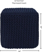 REDEARTH · Square Hand Knitted Pouf - Foot Stool Ottoman Coffee Table - Cotton Cord Boho Pouffe - Poof Accent Footrest for Living Room - Bedroom - Library (16" x 16" x 16") - Navy Blue, Set of 2