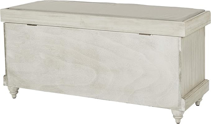 OSP Home Furnishings Dover Coastal Lift-Top Storage Bench with Shutter Face Styling, White Wash Finish with Off-White Fabric Cushion