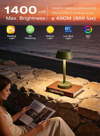 Cordless Rechargeable Table Lamp with Power Charger,Portable LED Desk Lamp,5000mAh Battery Operated,2700K-5700K Tunable,Stepless Dimming for Bedroom Bedside Touch Night Light,Green