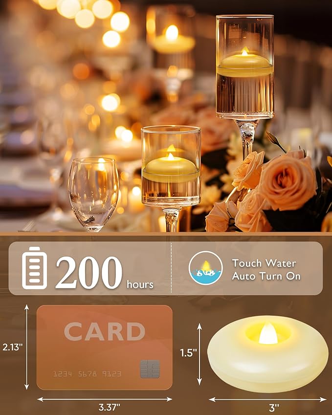 Homemory 12 Pack 3” Flameless Led Floating Candles, 200 Hour Battery Operated Flickering Waterproof Tealights for Cylinder Vases, Centerpieces at Wedding, Party, Pool, Holiday (Ivory Base)