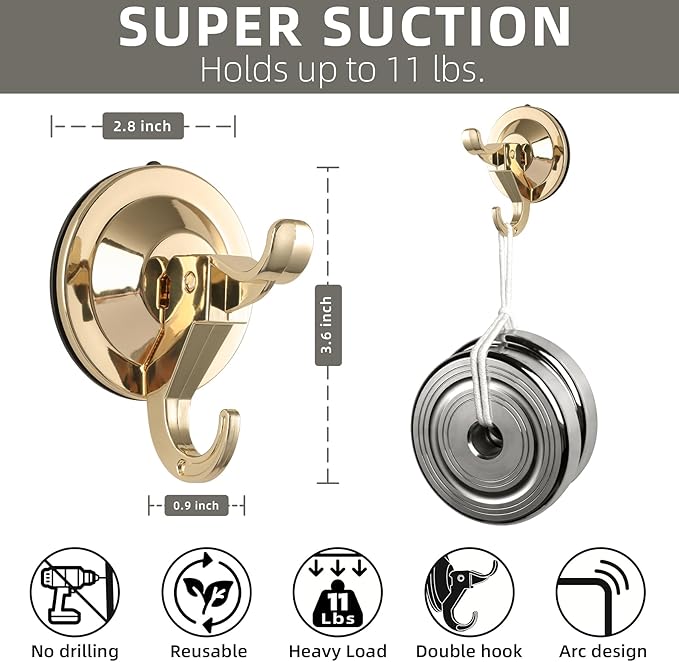 Antimbee Suction Cup Hooks, 5 Pack Suction Cup Hanger, Removable Large Suction Cup with Ultra-Thin Adhesive Disc for Smooth/Uneven Surfaces,Wreath Hangers Max Hanging up to 11 lbs (Gold)