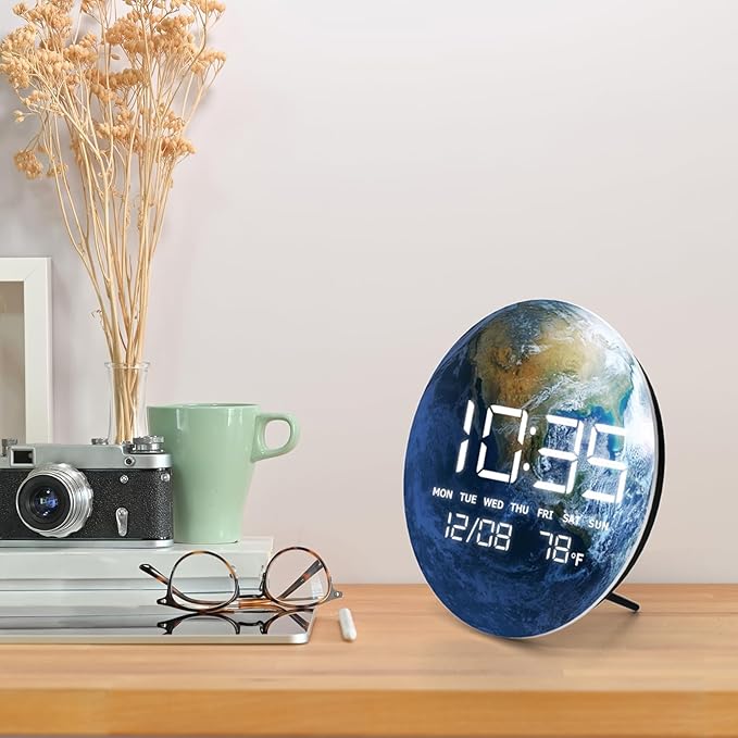 Digital Wall Clock, LED Moon/Earth Design, Temperature Display, 7.87 x 7.87 inches (Earth, 7.87 INCH)
