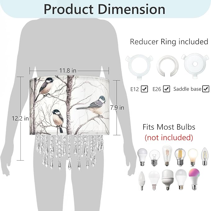 Winter Bird Tree Lamp Shade with Acrylic Bead Droplets, Blue Jay Fabric Light Shade for Pendant Table & Floor Lamp, Nature Gift for Bird lover or Garden Women, 11.8in