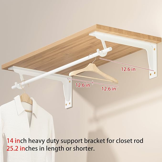 Closet Rod Support Bracket White WYGWP 14 inch Heavy Duty Shelf Brackets with Rod Holders Support 400lbs Wall Mounted Sturdy 2 Pack
