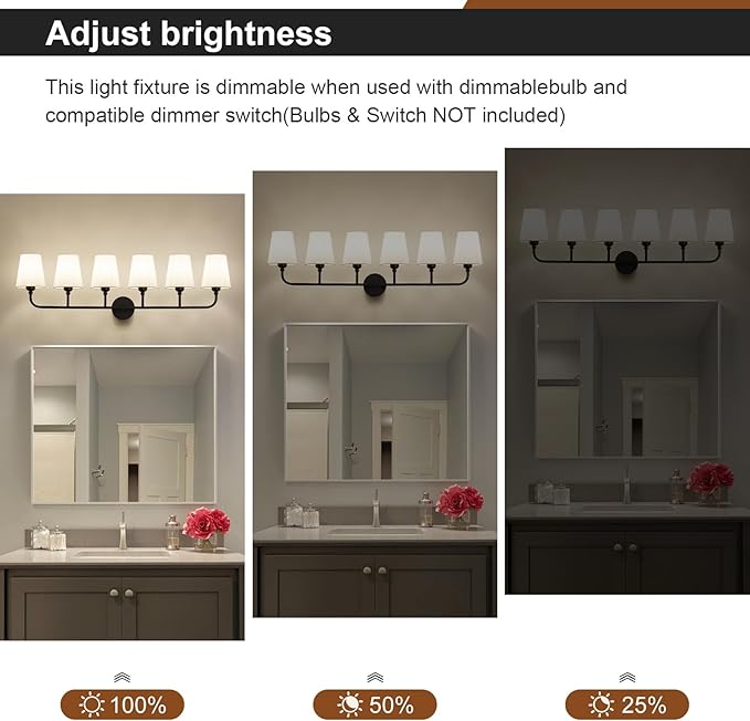 Kvhilw Bathroom Vanity Light, Matte Black Bathroom Light Fixtures, 6-Light Lighting Fixtures Over Miror, Modern Wall Sconce with Flared White Fabric Shade, E26 Socket(ETL Listed)