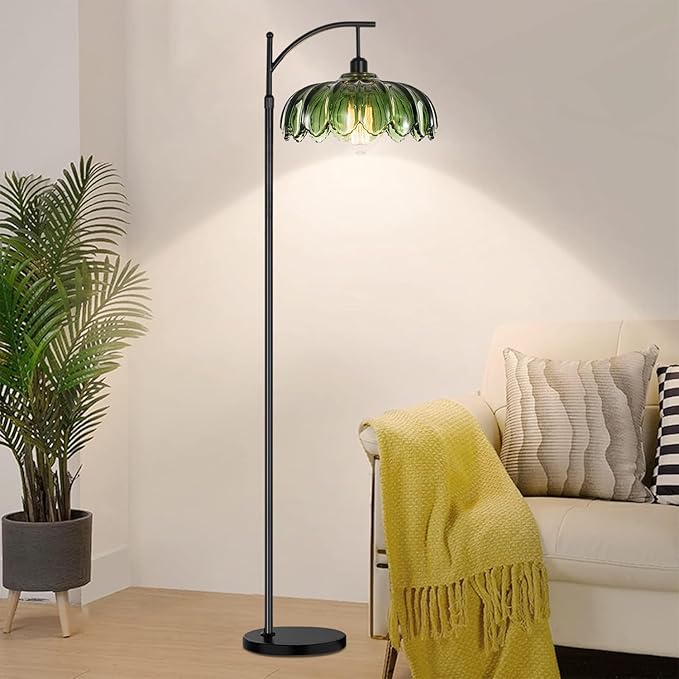 Glass Floor Lamp for Living Room,Bedroom,Gold Dimmable Standing Lamp with Remote,Mid Century Modern Brass Tall Lamp Boho Vintage Retro Floor Lamps Arc Green Flower Floor Light Lamp Bohemian