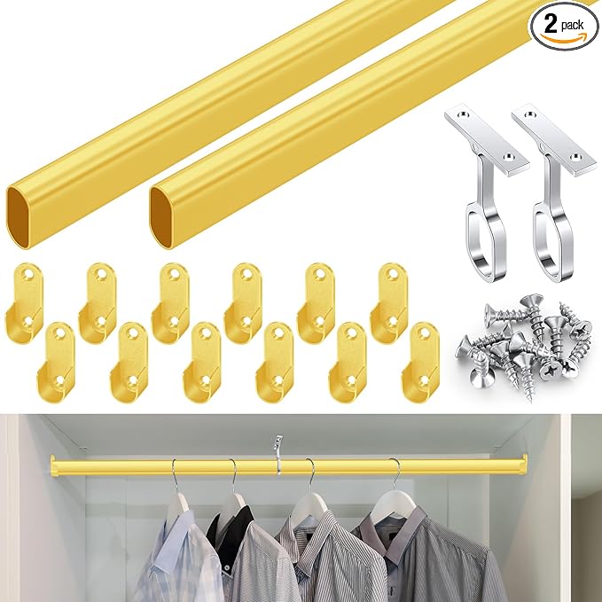 Tandefio Chrome Closet Rod 92 Inch with Oval Closet Rod 6 End Supports for Laundry Room Hanging Clothes Waterproof Shower for Curtains(Gold,2 Sets)