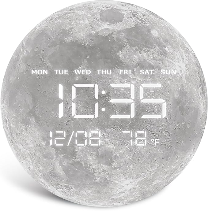 Digital Wall Clock, LED Moon/Earth Design, Temperature Display, 7.87 x 7.87 inches (Moon, 12.59 INCH)