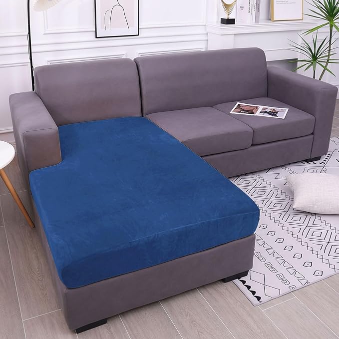 hyha Velvet Couch Cushion Covers, Stretch Chaise Lounge Sectional Couch Seat Covers L Shape for Sectional Sofa, Soft Sofa Cushion Slipcover Washable with Elastic Bottom(XL Chaise, Royal Blue)