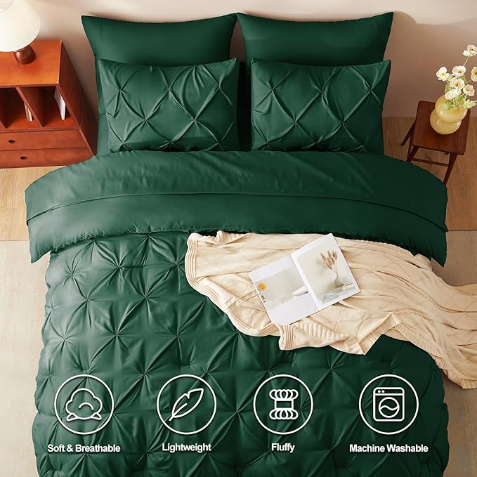 CozyLux Full Size Comforter Sets Emerald Green, 7 Pieces Bed in A Bag Green Comforter Full Size, Pinch Pleat Bedding Sets with All Season Comforter, Sheets, Pillowcases & Shams