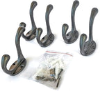 Ambipolar 5 Pack Decorative Cast Iron Heavy Duty Double Hooks, Wall Mounted Coat Hooks, Vintage Inspired (Antique Black) (Cornish Hook)