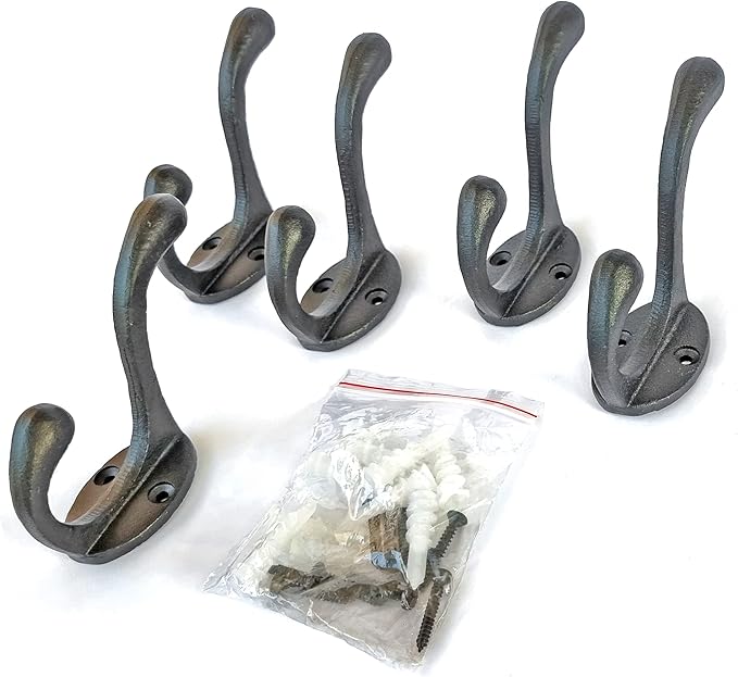 Ambipolar 5 Pack Decorative Cast Iron Heavy Duty Double Hooks, Wall Mounted Coat Hooks, Vintage Inspired (Antique Black) (Cornish Hook)