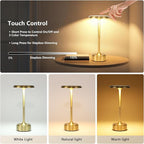 Portable Dimming Wireless Battery Operated Lamp, Rechargeable Cordless LED Table Lamps ，3-Levels Touch Sensor Light ，Nightstand Lamp/Bar/Restaurant Table/Outdoor/Coffee/Night Light (Gold)