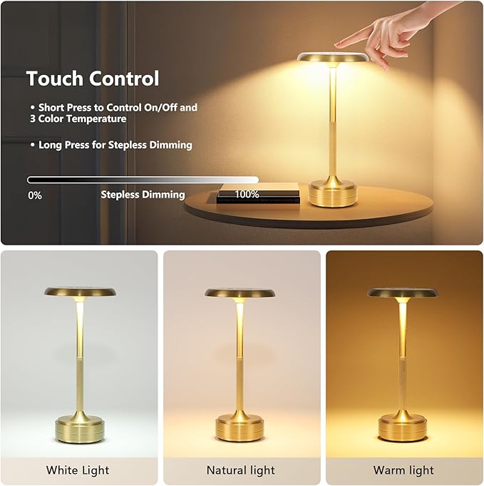 Portable Dimming Wireless Battery Operated Lamp, Rechargeable Cordless LED Table Lamps ，3-Levels Touch Sensor Light ，Nightstand Lamp/Bar/Restaurant Table/Outdoor/Coffee/Night Light (Gold)