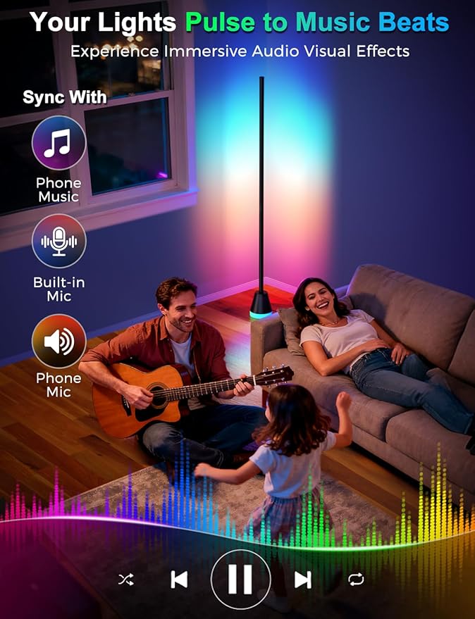 RGB Floor Lamp, Smart LED Corner Lamp for Living Room Bedroom, 16 Million DIY Colors Standing Lamp with Music Sync App & Remote Control, Cool Modern Mood Light Ambient Lighting, Black
