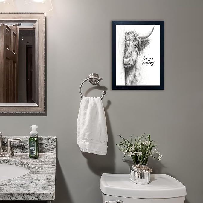 Gongyuanyihao Arts Funny Highland Cow Bathroom Wall Art with Black Frame, Are You Pooping Sign for Farmhouse Restroom Decor, Rustic Humorous Canvas Print Painting Ready to Hang 16"x20"