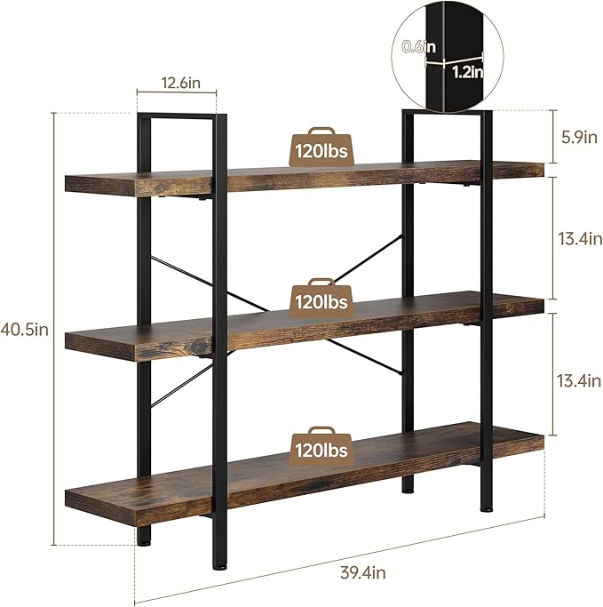 Heavy Duty 3-Tier Industrial Bookcase, 39" Wide Wood Bookshelf for Home Office, 120lbs Shelf Capacity, Rustic Open Shelving Display with Reinforced Horizontal Shelf for Living Room Bedroom