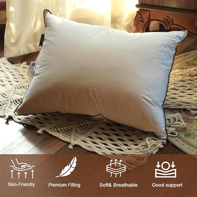 Luxurious Down Pillows - Standard Size, High Fill Power, Breathable Cotton Blend Shell,Down Pillow Ideal for Every Night (Pure White, Standard (Pack of 1))