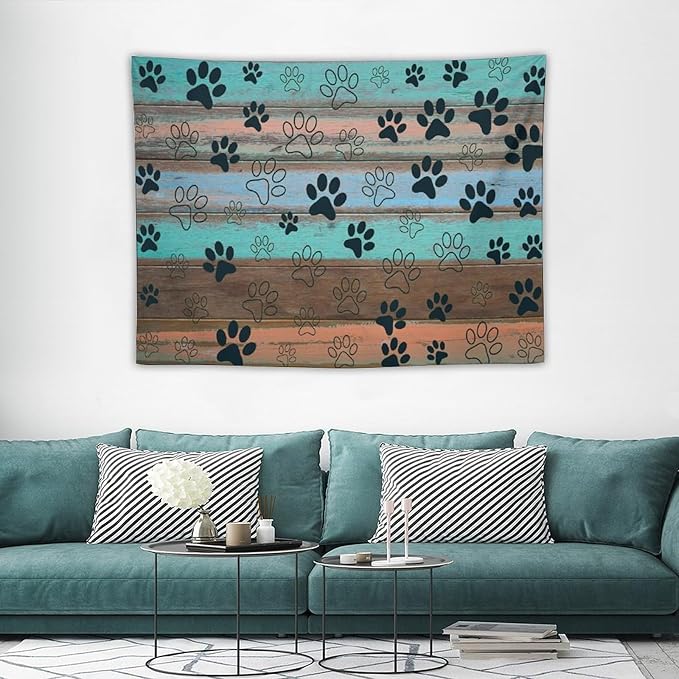 VUMIVI Dog Paw Print Tapestry Rustic Farmhouse Vintage Wood Paneling Home Decor Tapestry Wall Hanging for Living Room Bedroom Dorm Classroom Aesthetic Decor W40xL30in