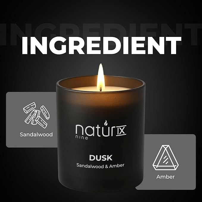 Natur IX Dusk Scented Candles for Home | Sandalwood & Amber | Natural Non Toxic Soy Candles with Essential Oils | 50 H Long Burning