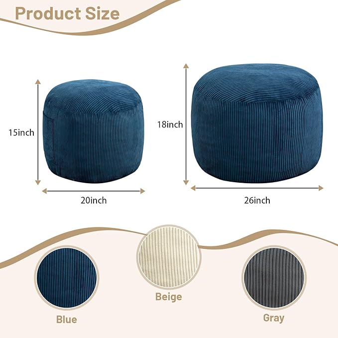 Round Stuffed Pouf Ottoman,Corduroy Foot Rest with Rebound Foam Filled, Furry and Fluffy Foot Stool Ottoman, Floor Poufs for Living Room (Blue, 20" D x 20" W x 15" H)