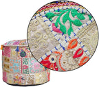 Aakriti Gallery Indian Pouf Footstool Ethnic Embroidered Pouf Cover - Cotton Round Pouffe Ottoman - Beige, 22x14