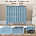 Large Muted Blue Fluted 3 Drawer Dresser Set of 2, Chest of Drawers with Ball Bearing Slide Modern 30 inch Tall Wood Nightstand with Spacious Storage for Bedroom Living Room Entryway